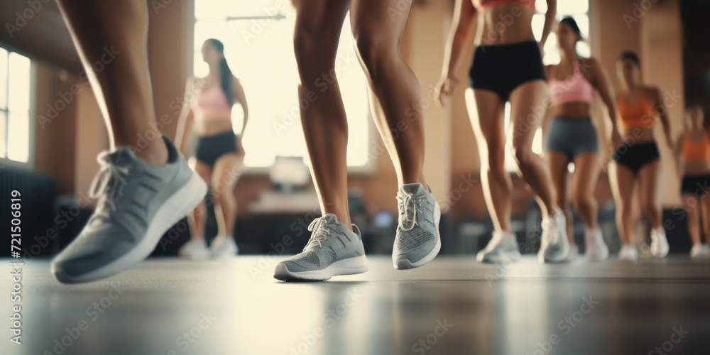 Poster a group of people engaged in a running exercise in a gym. this image can be used to showcase fitness