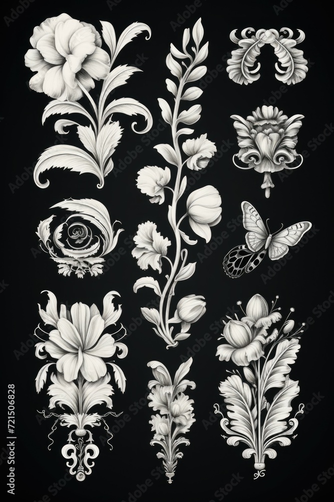 Poster a set of floral designs on a black background. suitable for various design projects