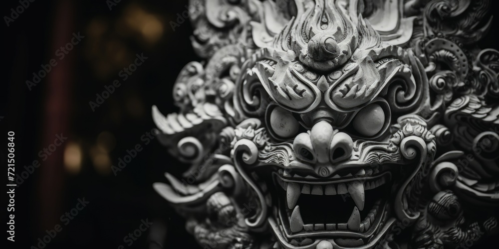 Poster a close up view of a demonic statue. suitable for dark and supernatural themes