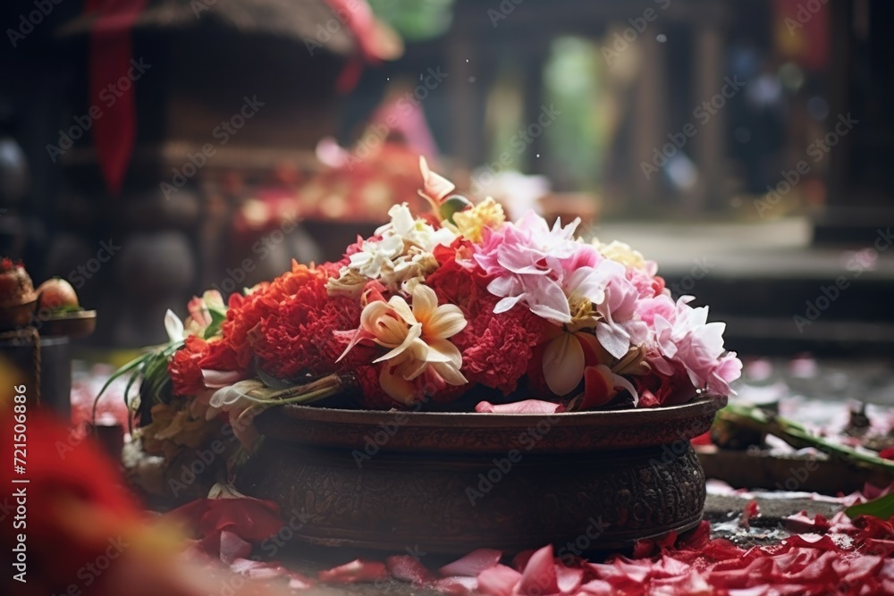 Poster a bowl filled with a variety of colorful flowers sitting on top of a table. perfect for adding a tou