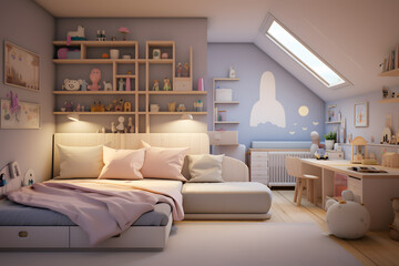 modern childrens bedroom with a built in reading nook - obrazy, fototapety, plakaty