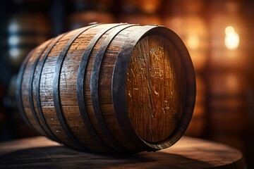 A wooden barrel sitting on top of a wooden table. Suitable for rustic decor or winery themes