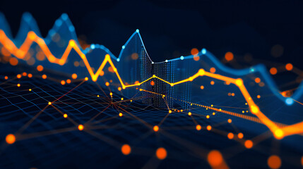 Financial market analysis with digital graphs and currency symbols, representing global economic trends and investment strategies
