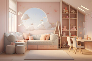modern childrens bedroom with a built in reading nook - obrazy, fototapety, plakaty