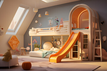 modern childrens bedroom with bunk beds - obrazy, fototapety, plakaty