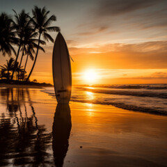 Fototapeta na wymiar Surfboard and palm trees on sunset beach background.