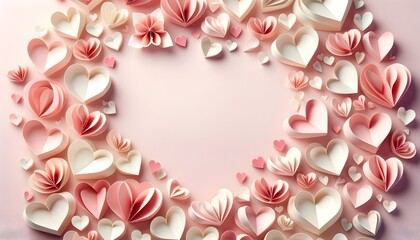 
This image displays a collection of three-dimensional paper hearts in shades of pink, arranged in a decorative pattern on a light pink background.