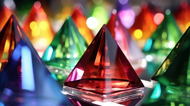 Close up view of a group of glass pyramids. Can be used as a modern architectural concept or to represent geometric shapes.