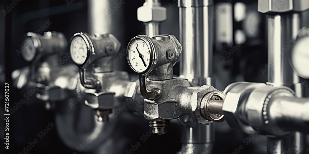 Poster close-up view of a bunch of pipes with gauges. ideal for industrial and engineering concepts