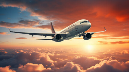 Fototapeta na wymiar Passenger plane. Plane is going up. Nice weather sunset in the background