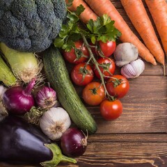 Vibrant Vegetable Array: Fresh Harvest on Wooden Table