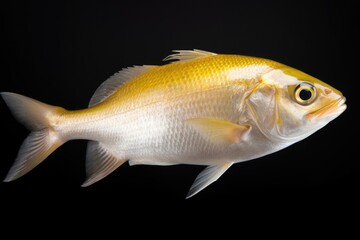 A detailed close-up of a fish captured against a black background. Ideal for aquatic-themed...