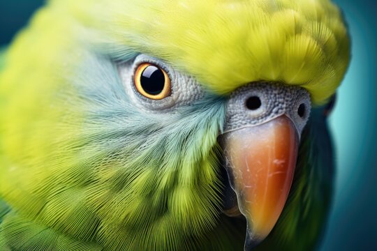 A detailed view of a parrot's face against a vibrant blue background. This image captures the intricate features and colorful feathers of the parrot.