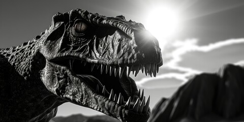 A black and white photo of a dinosaur. Suitable for educational materials or dinosaur enthusiasts