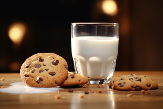 A glass of milk and a plate of cookies placed on a table. Suitable for food and beverage-related projects