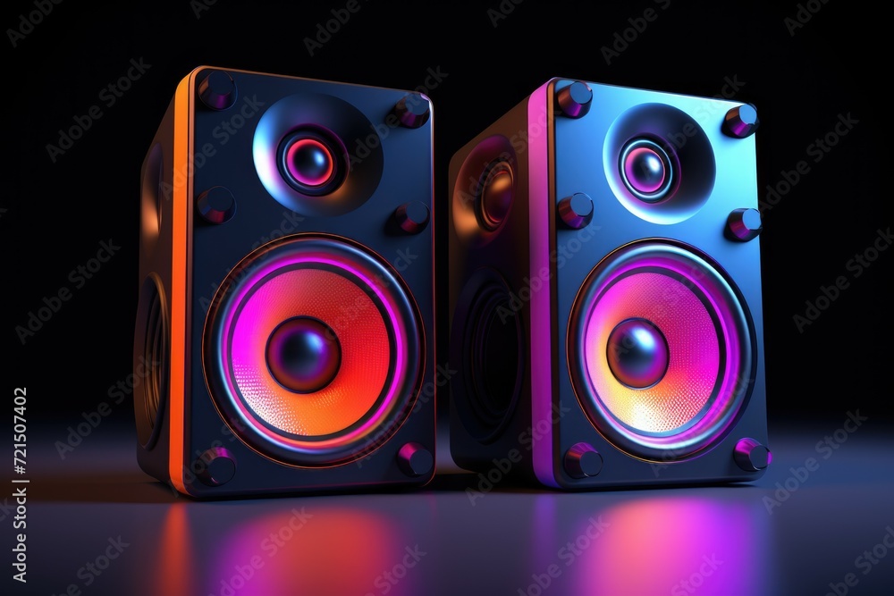 Poster a pair of speakers sitting on top of a table. perfect for adding high-quality sound to any room