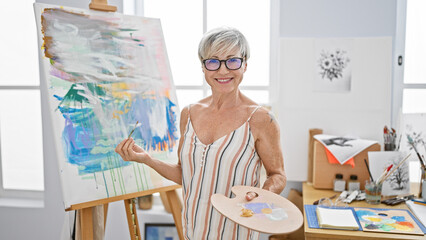 Mature woman artist smiling in a studio with a colorful painting, palette, and glasses. © Krakenimages.com