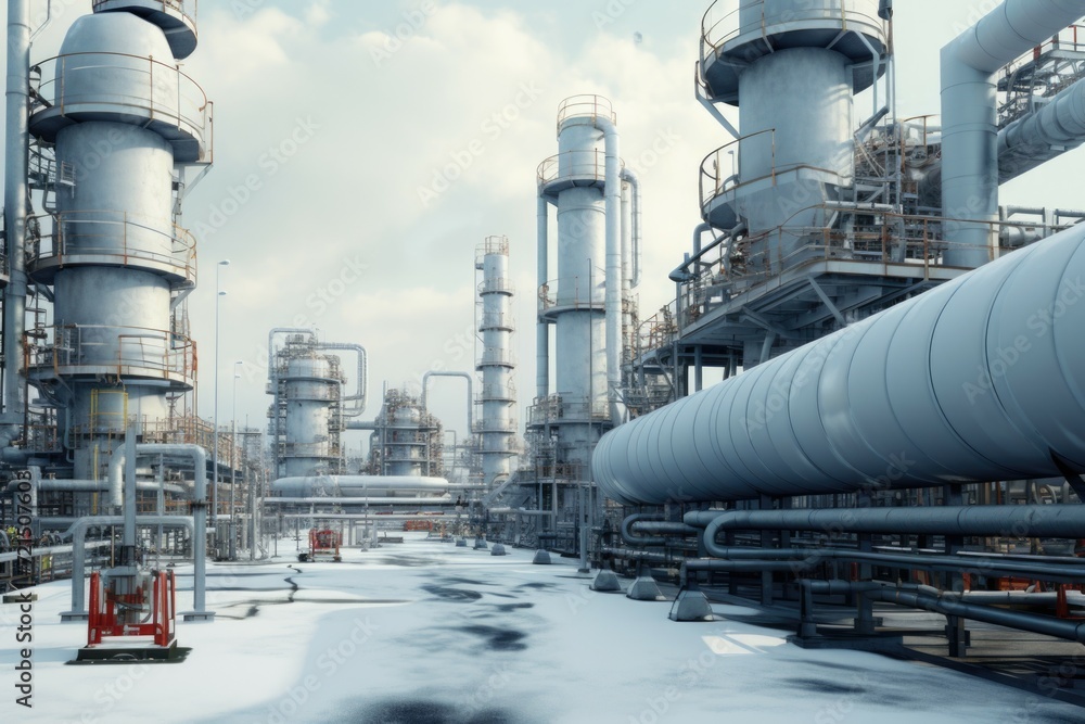 Poster an image showcasing a vast industrial area filled with pipes and structures. suitable for illustrati
