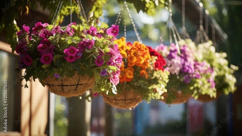Poster a row of hanging baskets filled with vibrant flowers. perfect for adding a touch of color and beauty
