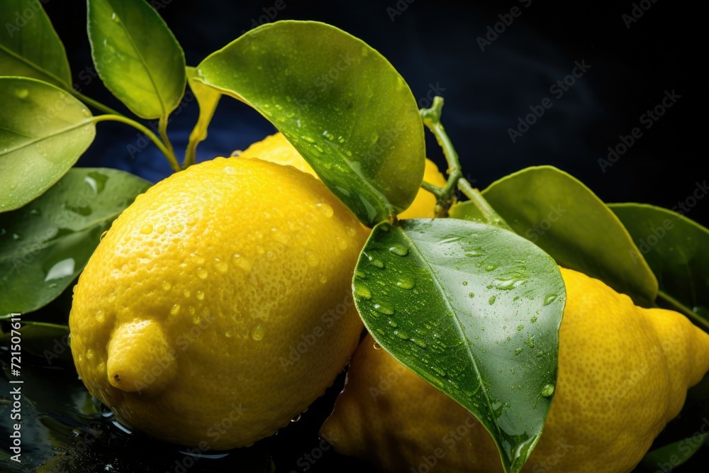 Poster a couple of lemons sitting on top of a tree. perfect for food and nature-related projects