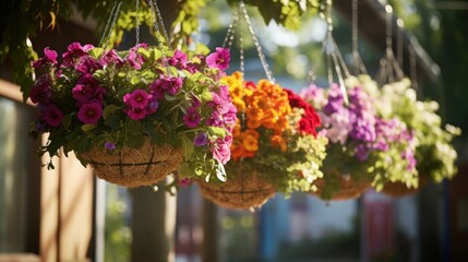 A row of hanging baskets filled with vibrant flowers. Perfect for adding a touch of color and beauty to any outdoor space