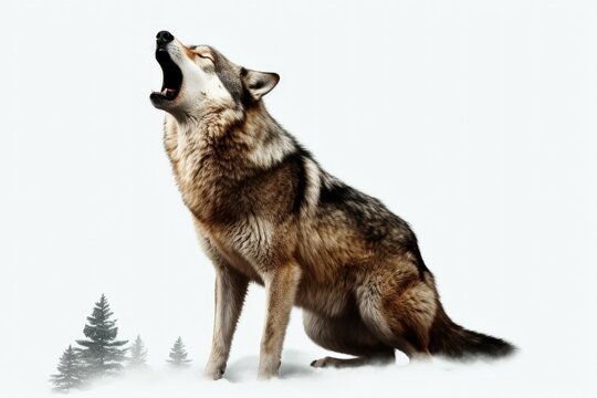 A wolf sitting in the snow with its mouth open. Can be used to depict wildlife, winter, nature, or animal behavior