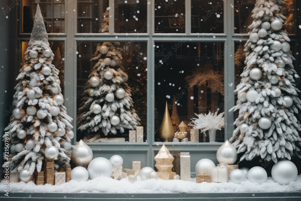 Poster A festive window display adorned with Christmas decorations and trees covered in snow. Perfect for adding a touch of holiday spirit to any setting