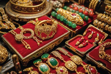 Fototapeta na wymiar Traditional Asian Jewelry Collection; Elegant Gemstone Necklaces; Vintage Gold Jewelry Assortment