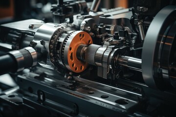 A detailed close-up of a machine with gears. This image can be used to represent technology, mechanics, or industrial processes