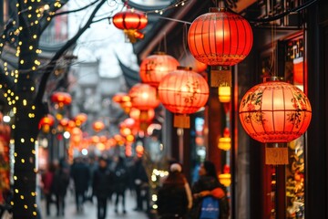 Chinese Lanterns Adorning Street; Festive Red Lantern Decor; Busy Market Lunar Celebration