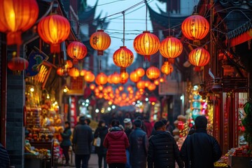 Fototapeta na wymiar Chinese Lanterns Adorning Street; Festive Red Lantern Decor; Busy Market Lunar Celebration