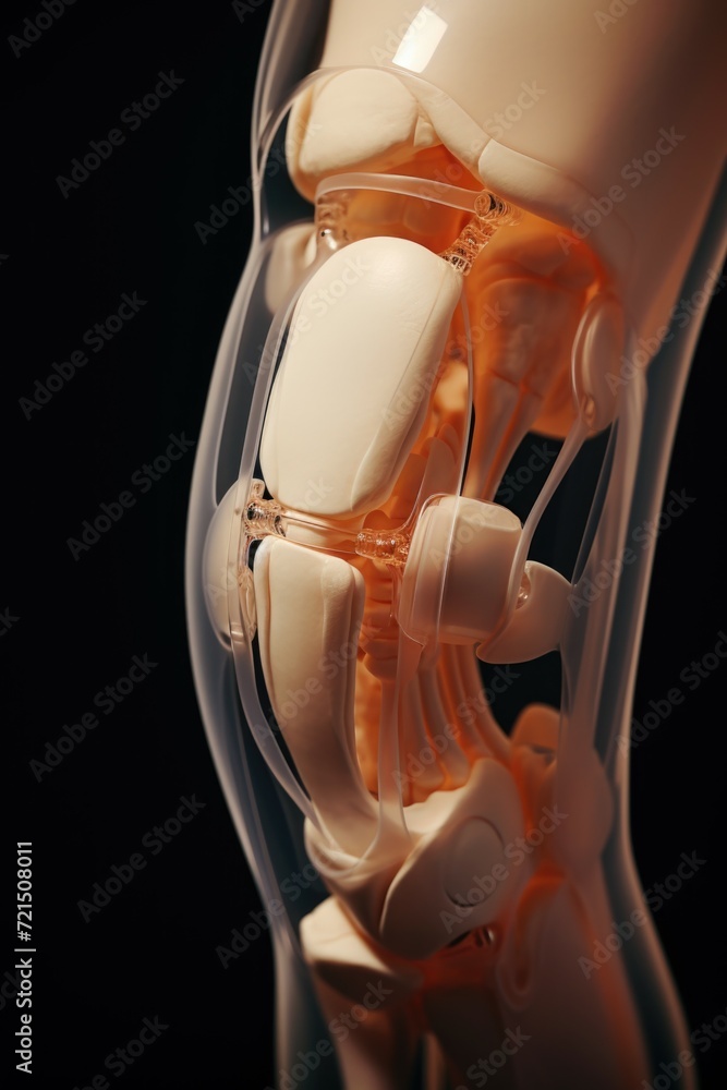 Poster a close-up view of a human skeleton with the bones exposed. this image can be used to illustrate ana