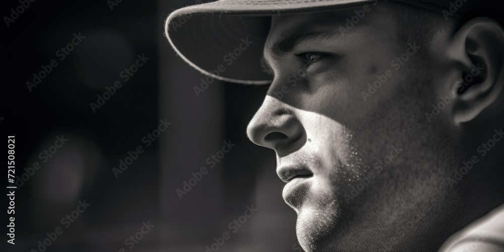 Poster A close-up shot of a man wearing a baseball cap. This versatile image can be used in various contexts