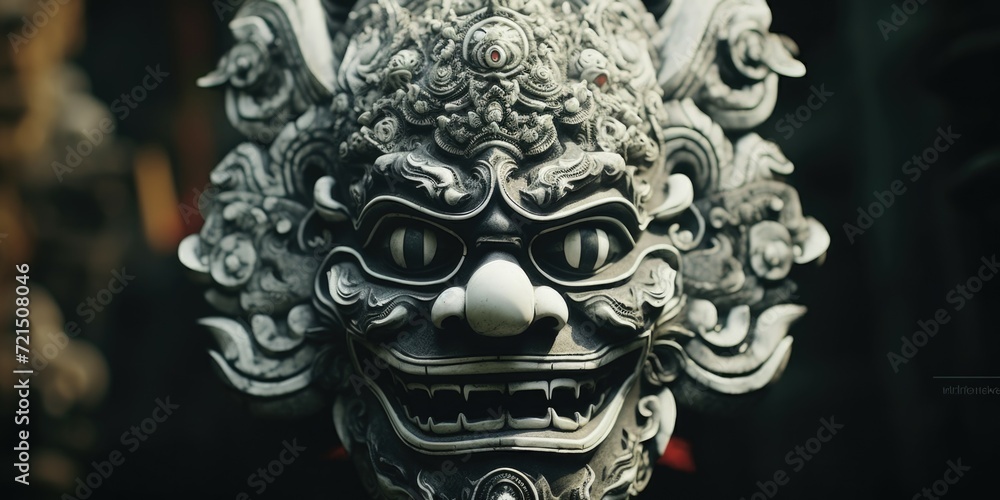 Poster A detailed close-up view of a menacing demon statue. Perfect for adding a touch of darkness and mystery to any project