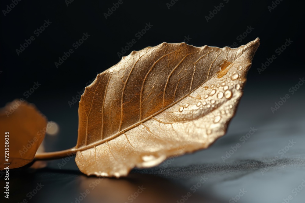 Poster a close-up view of a leaf placed on a table. this image can be used to represent nature, autumn, or 