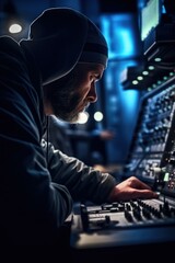 A man wearing a hoodie is seen working on a computer. This image can be used to depict technology, remote work, freelancing, or coding