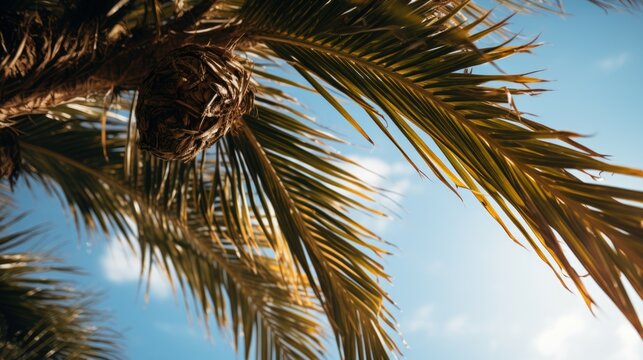 A close up view of a palm tree against a beautiful sky background. Perfect for tropical and vacation-themed designs