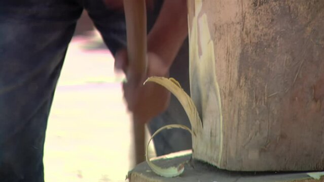 A Drum-maker Making Argentinian Drums Called "Bombo Leguero" in Santiago del Estero Province, Argentina. Close Up.