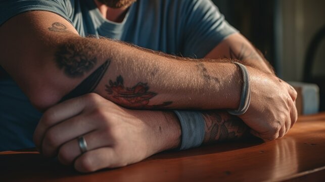 A man sitting at a table with a tattoo on his arm. This image can be used to represent self-expression, individuality, or the art of tattooing