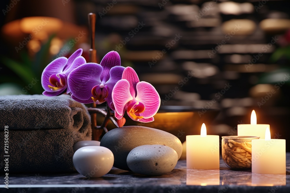Poster A table with candles and a pile of towels. This image can be used to depict a spa or wellness setting
