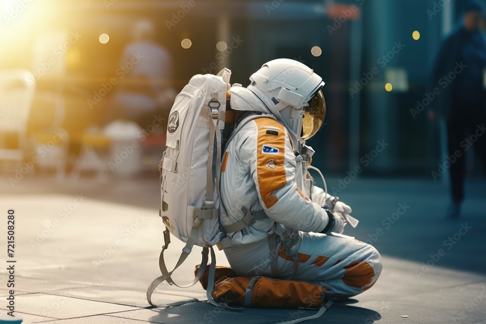 Poster a person dressed in a space suit sitting on the ground. suitable for science fiction or space-themed