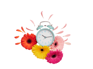 Spring time concept. Creative flat design with turquoise alarm clock with vibrant colorful flowers around it and some petals detached on top. Flat design, top view, copy space.