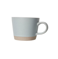 Green cup with handle and cream colored bottom. Front view.