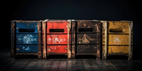 A group of three wooden crates sitting next to each other. Perfect for storage or transportation purposes
