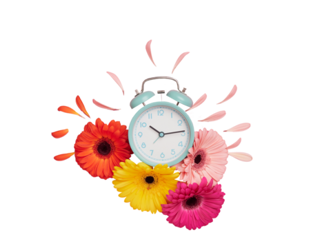 Spring time concept. Creative flat design with turquoise alarm clock with vibrant colorful flowers around it and some petals detached on top. Flat design, top view, copy space.