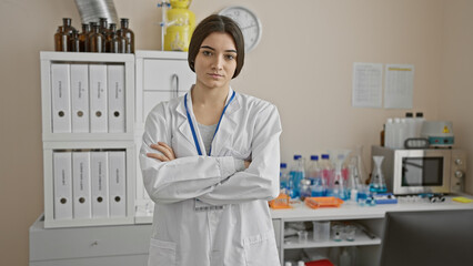 A confident young hispanic woman in a lab coat poses in a laboratory setting with arms crossed, evoking professionalism.