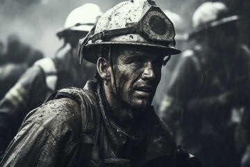 Fototapeta premium Group of soldiers wearing helmets standing in the rain. Suitable for military, army, or war-related themes