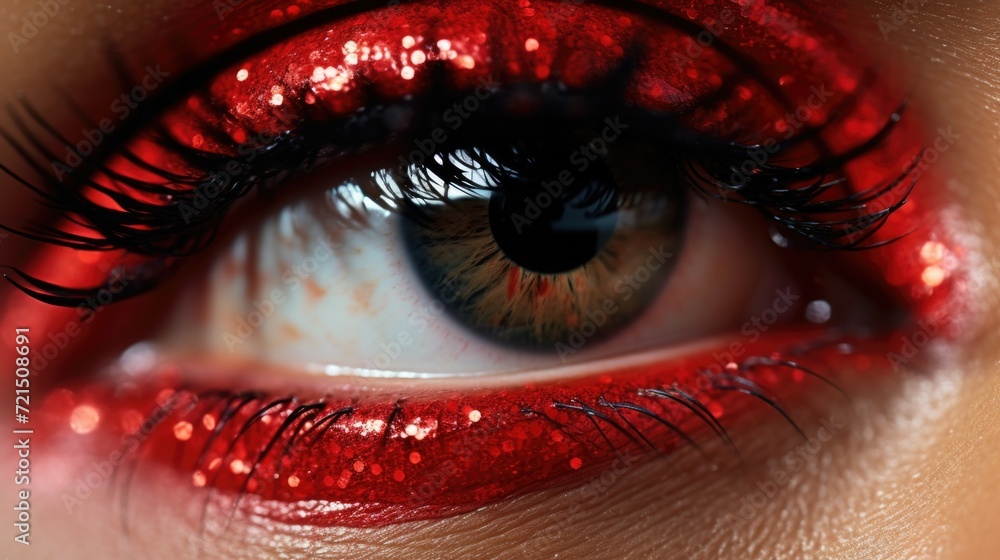 Poster close up of a woman's eye with red glitter. can be used for makeup tutorials or festive and glamorou