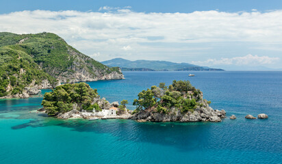 Panoramic view of the islet of Panagia ("Virgin Mary") from the Venetian castle of Parga town, Epirus, Greece