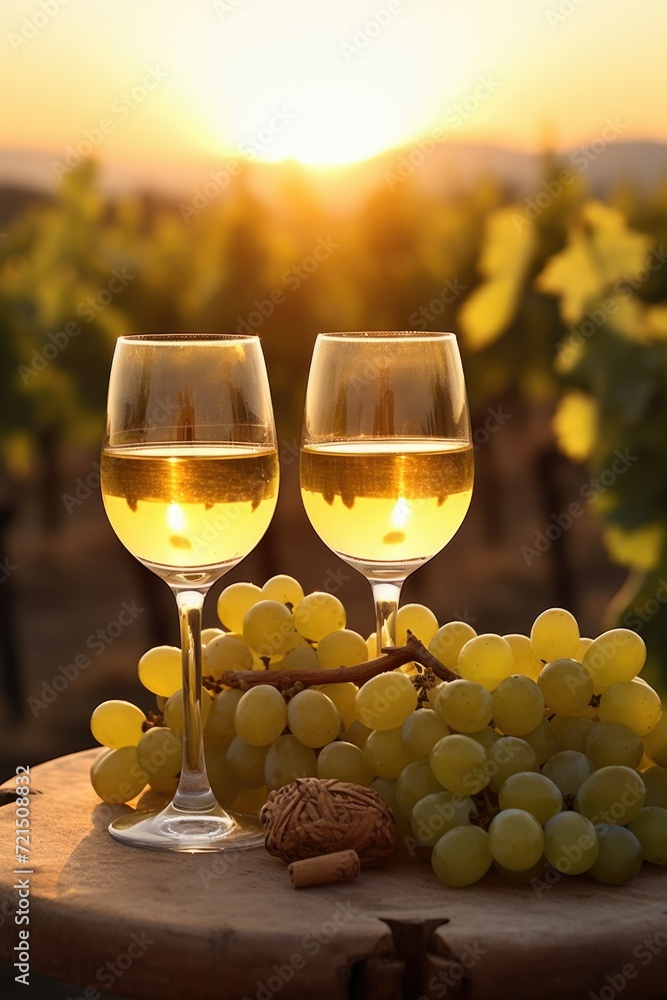 Poster two glasses of wine and grapes on a table. perfect for wine enthusiasts and wine tasting events